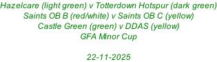 Hazelcare (light green) v Totterdown Hotspur (dark green) Saints OB B (red/white) v Saints OB C (yellow) Castle Green (green) v DDAS (yellow) GFA Minor Cup  22-11-2025
