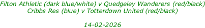Filton Athletic (dark blue/white) v Quedgeley Wanderers (red/black) Cribbs Res (blue) v Totterdown United (red/black)  14-02-2026