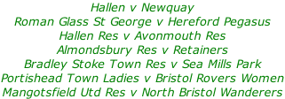 Hallen v Newquay Roman Glass St George v Hereford Pegasus Hallen Res v Avonmouth Res Almondsbury Res v Retainers Bradley Stoke Town Res v Sea Mills Park Portishead Town Ladies v Bristol Rovers Women Mangotsfield Utd Res v North Bristol Wanderers