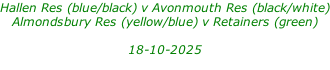 Hallen Res (blue/black) v Avonmouth Res (black/white) Almondsbury Res (yellow/blue) v Retainers (green)  18-10-2025
