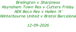 Brislington v Sharpness Keynsham Town Res v Cutters Friday AEK Boco Res v Hallen ‘A’ Winterbourne United v Bristol Barcelona  12-09-2026