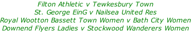 Filton Athletic v Tewkesbury Town St. George EinG v Nailsea United Res Royal Wootton Bassett Town Women v Bath City Women Downend Flyers Ladies v Stockwood Wanderers Women